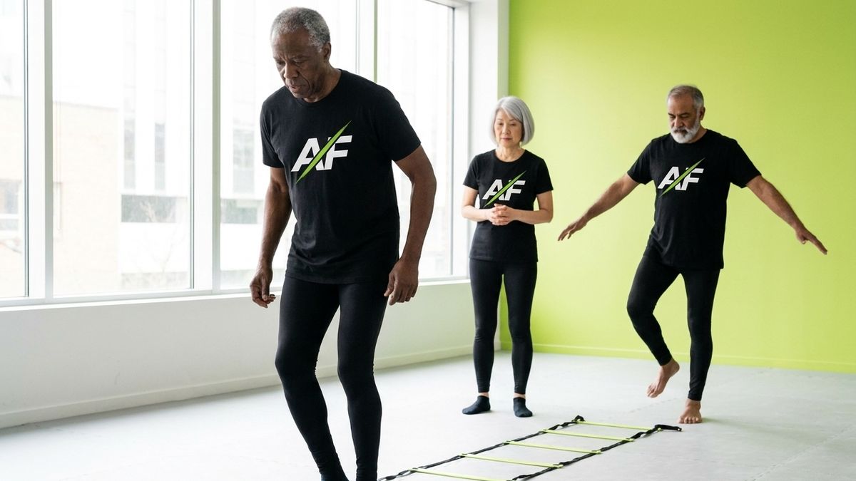 Adults 55+ stepping through an agility ladder for balance and footwork