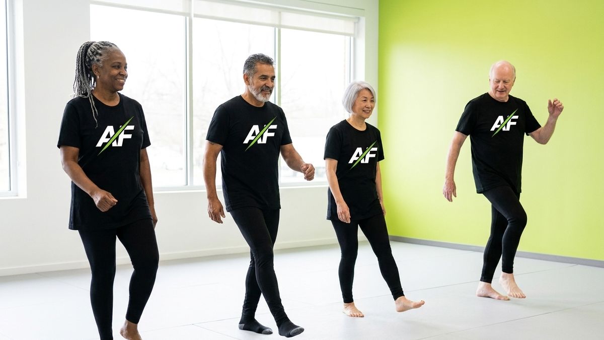 Adults 55+ doing grounded low-impact cardio indoors